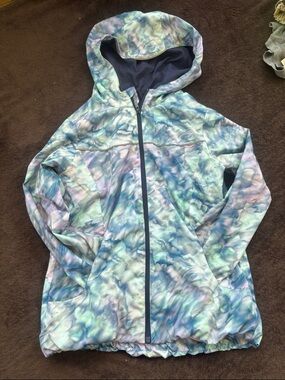 all in motion Navy Hooded Jacket with Pastel Blue-Green Print